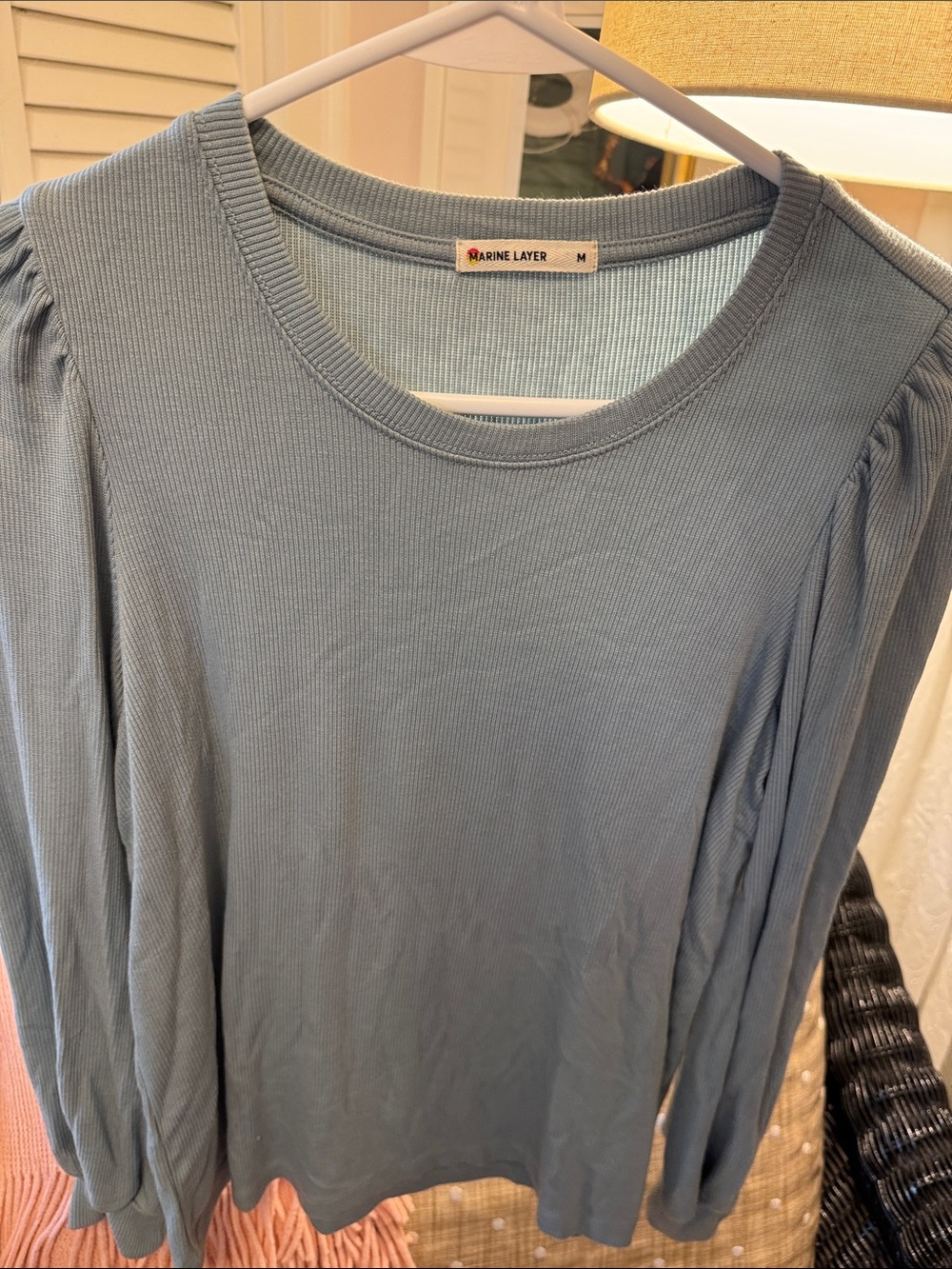 Marine Layer Light Blue Ribbed Puff-Sleeve Long Sleeve Top